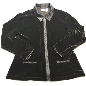 Chicos 2 US Large Jacket Full Zip Velour Satin Trim Black Track Athleisure USA